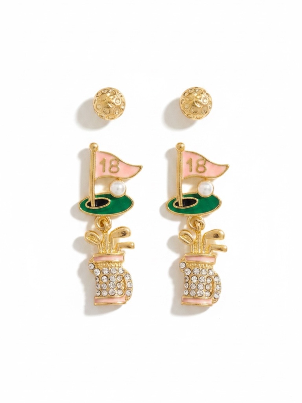 Rhinestone Golf Bag Gold Balls Putting Green Tee Hole in One Flag Post Earrings